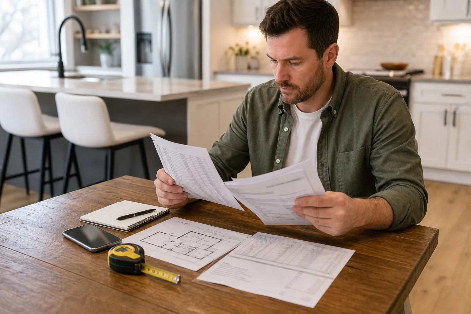 Homeowner comparing an inventory and written moving quotes at a kitchen table