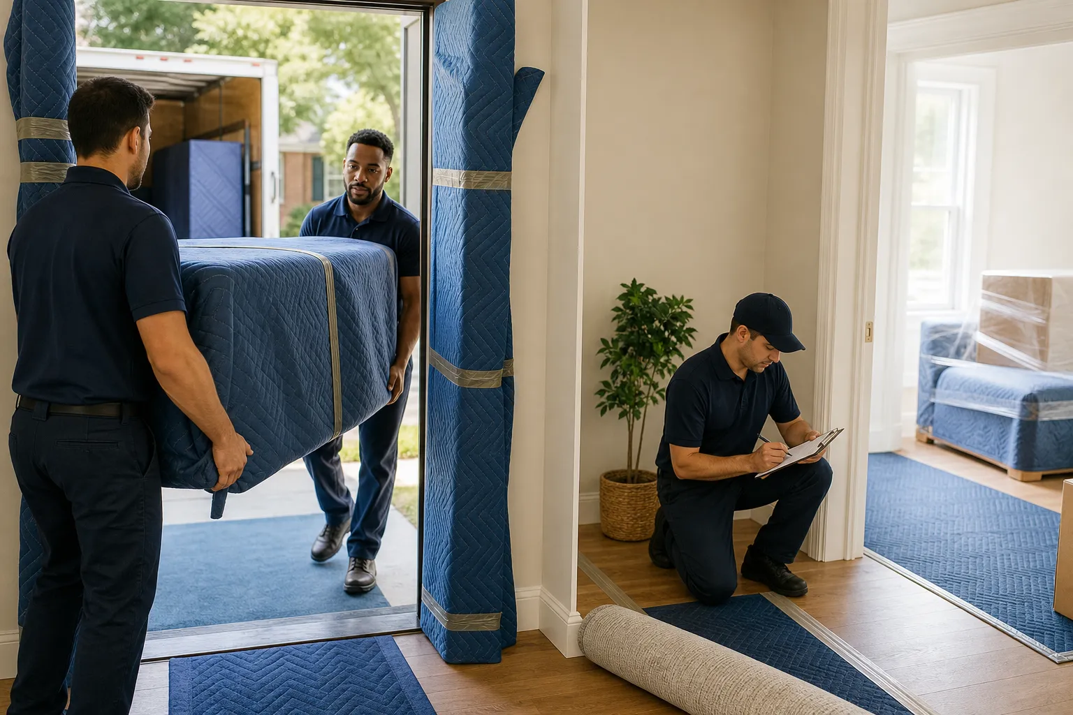 Movers carry padded furniture through a protected doorway