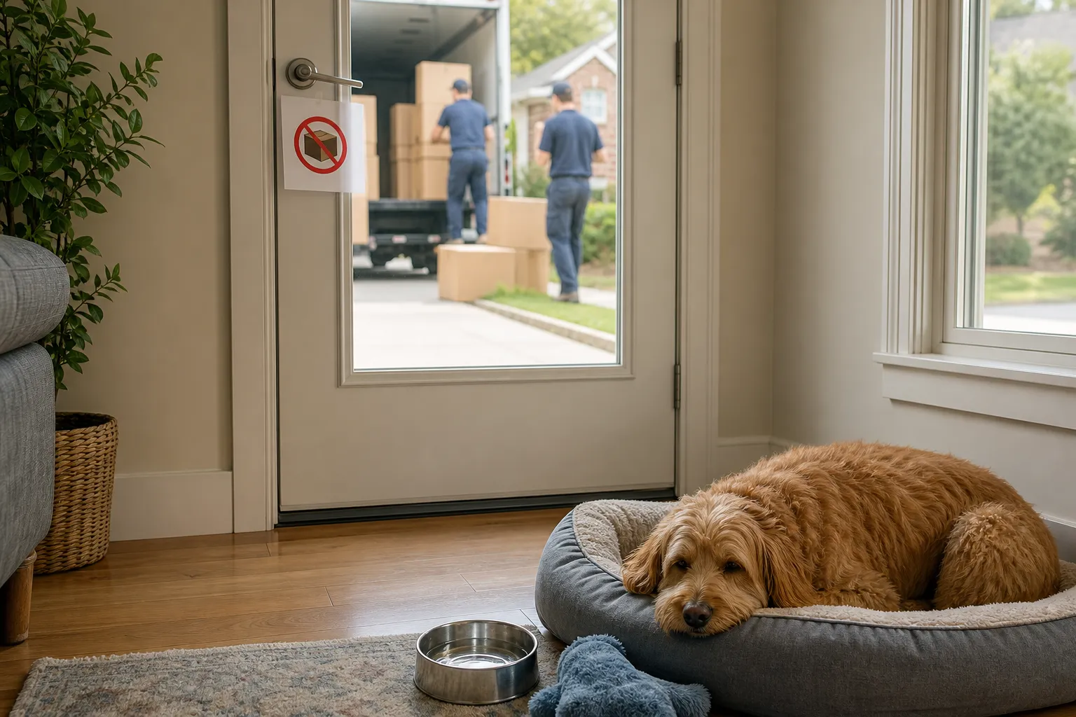 Dog resting with water and bedding in a quiet safe room during moving day