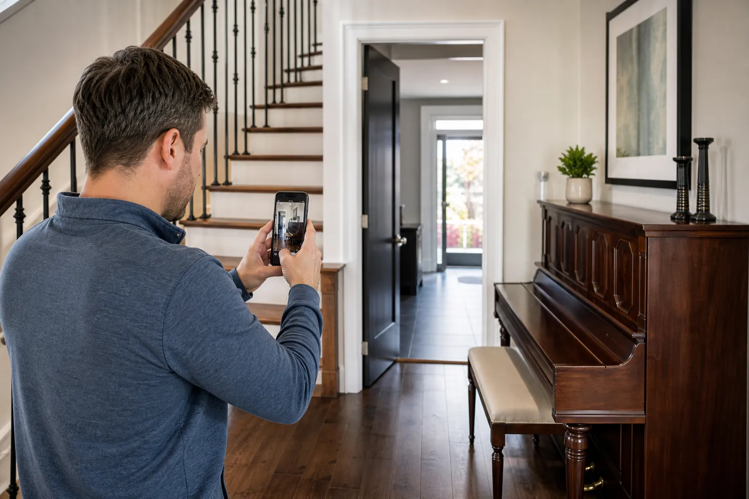 Homeowner documenting a piano and staircase for moving estimates