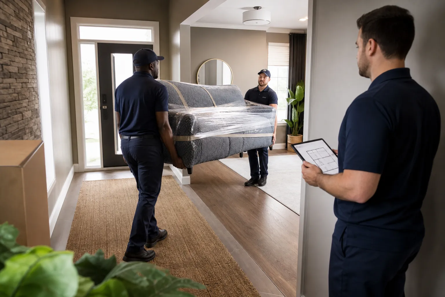 Movers carrying a protected sofa into a Windsor home