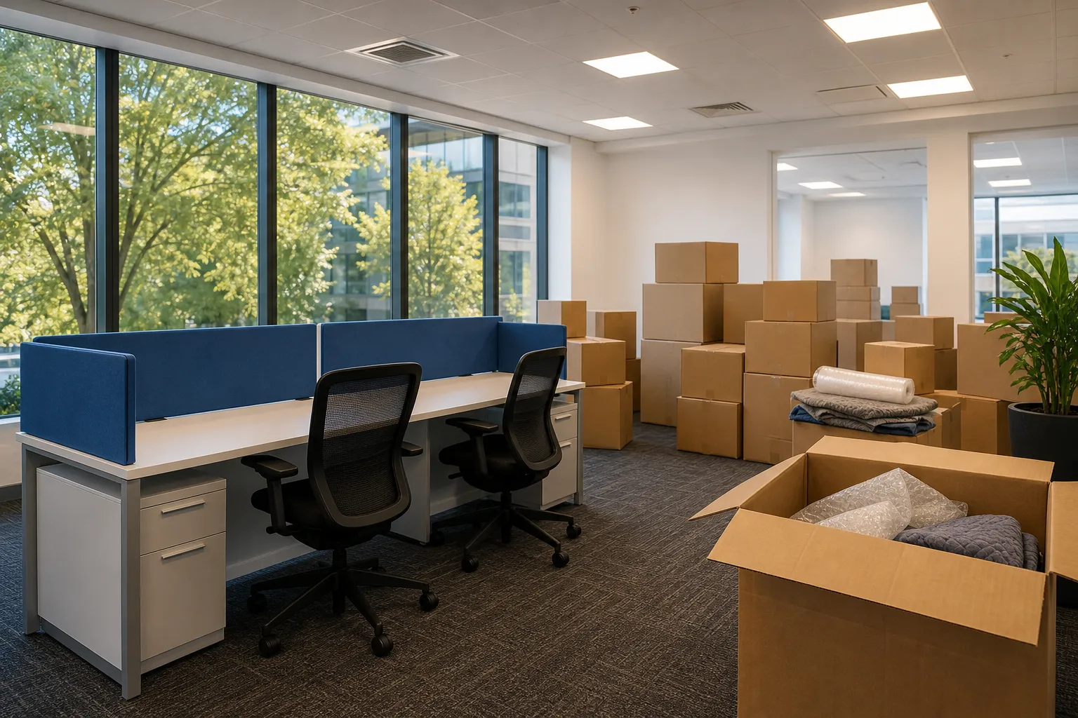 Organized office setup with essential workstations assembled first after a commercial move