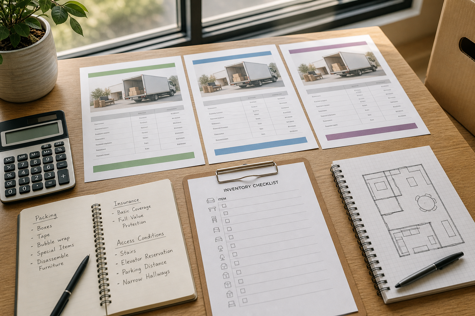 Three moving estimates beside an inventory checklist and notes comparing pricing terms