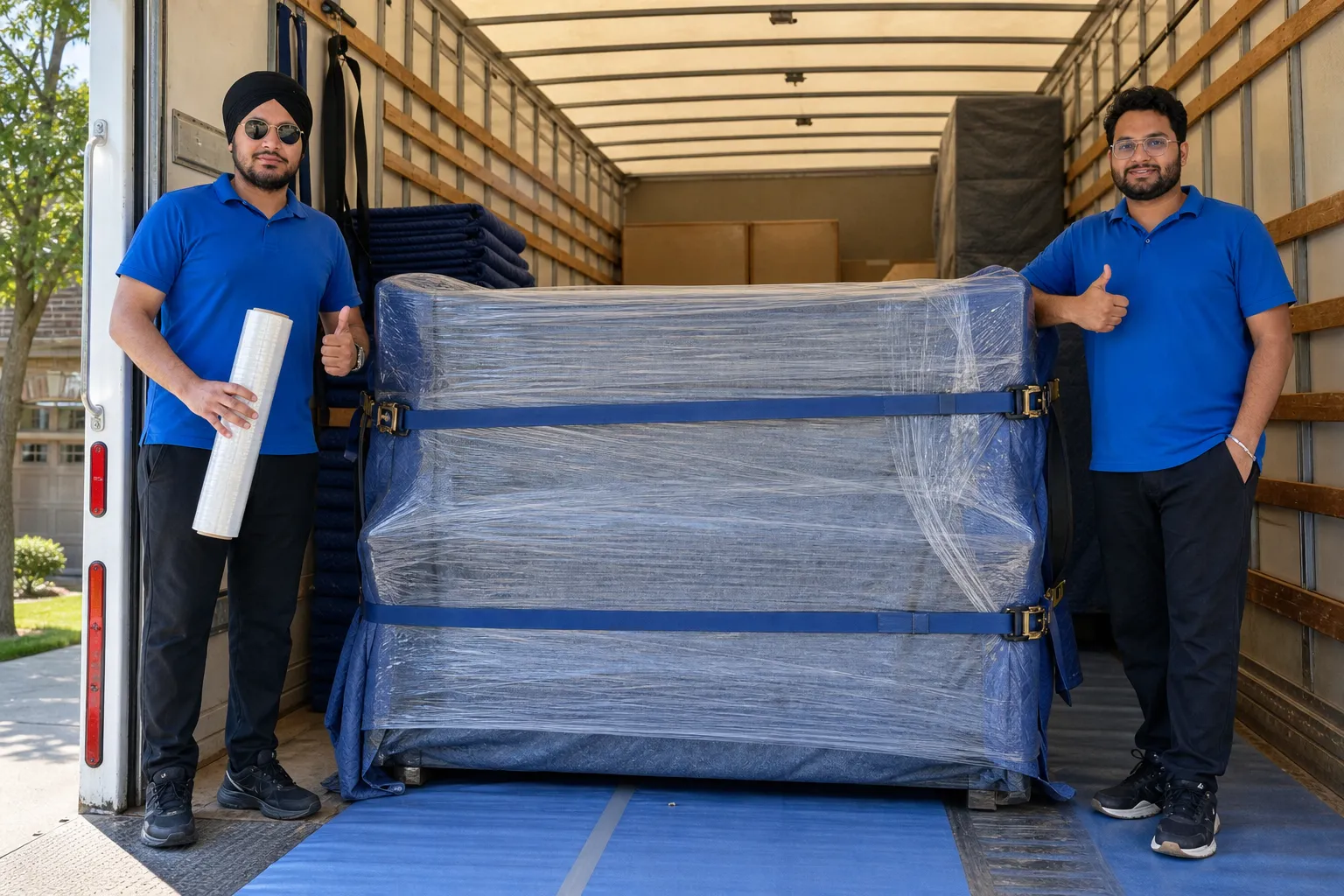 Crew protecting floors and securing a wrapped household item inside a moving truck