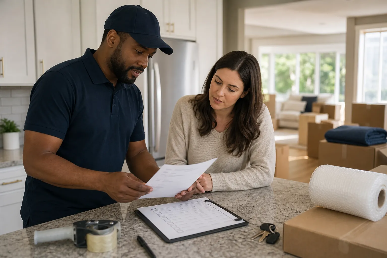 Homeowner reviewing a Toronto-to-Windsor moving estimate with a mover