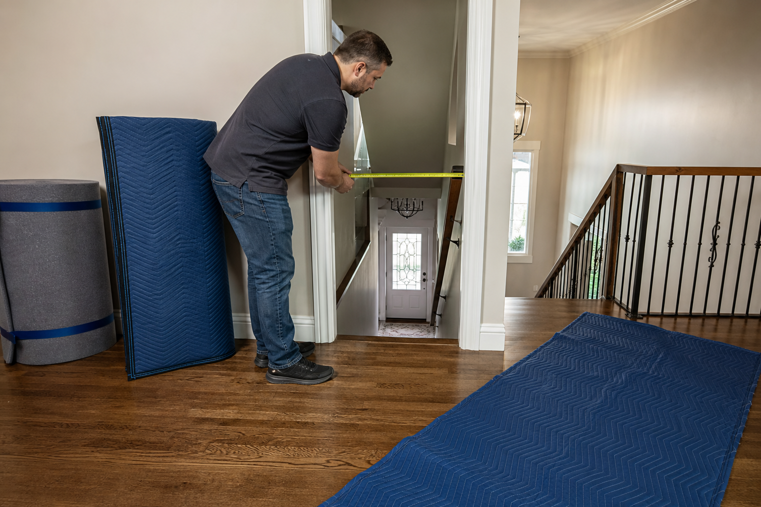 Homeowner measuring a cleared stairway for pool table relocation