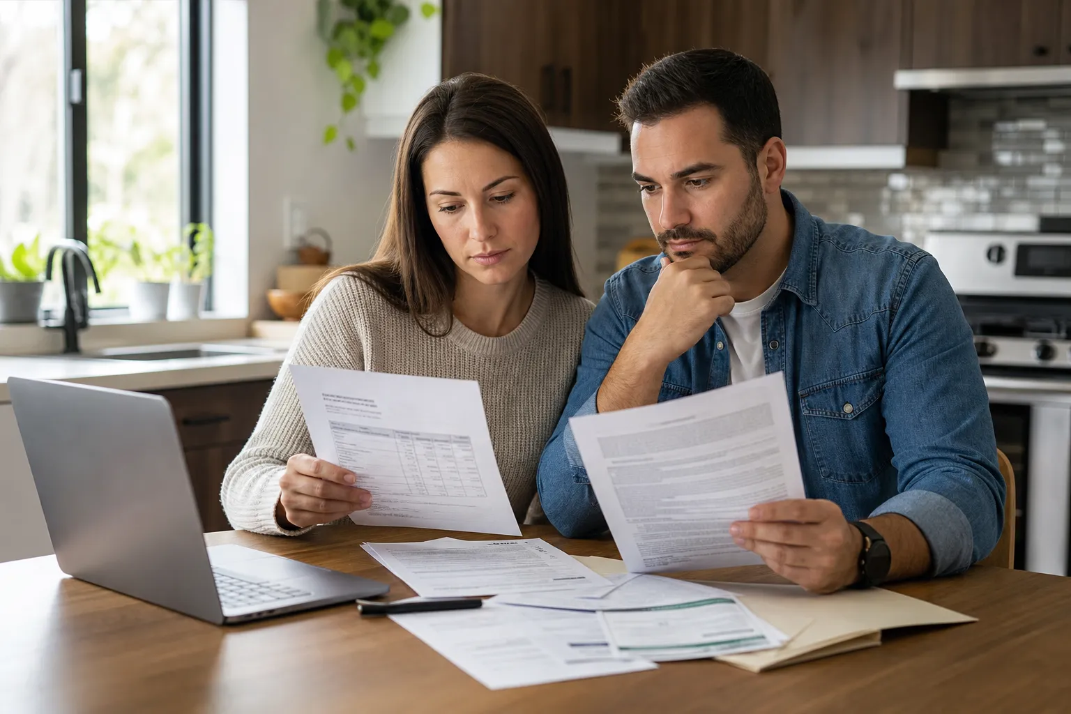 Homeowner reviews WSIB documentation, insurance details, and a moving quote at a kitchen table