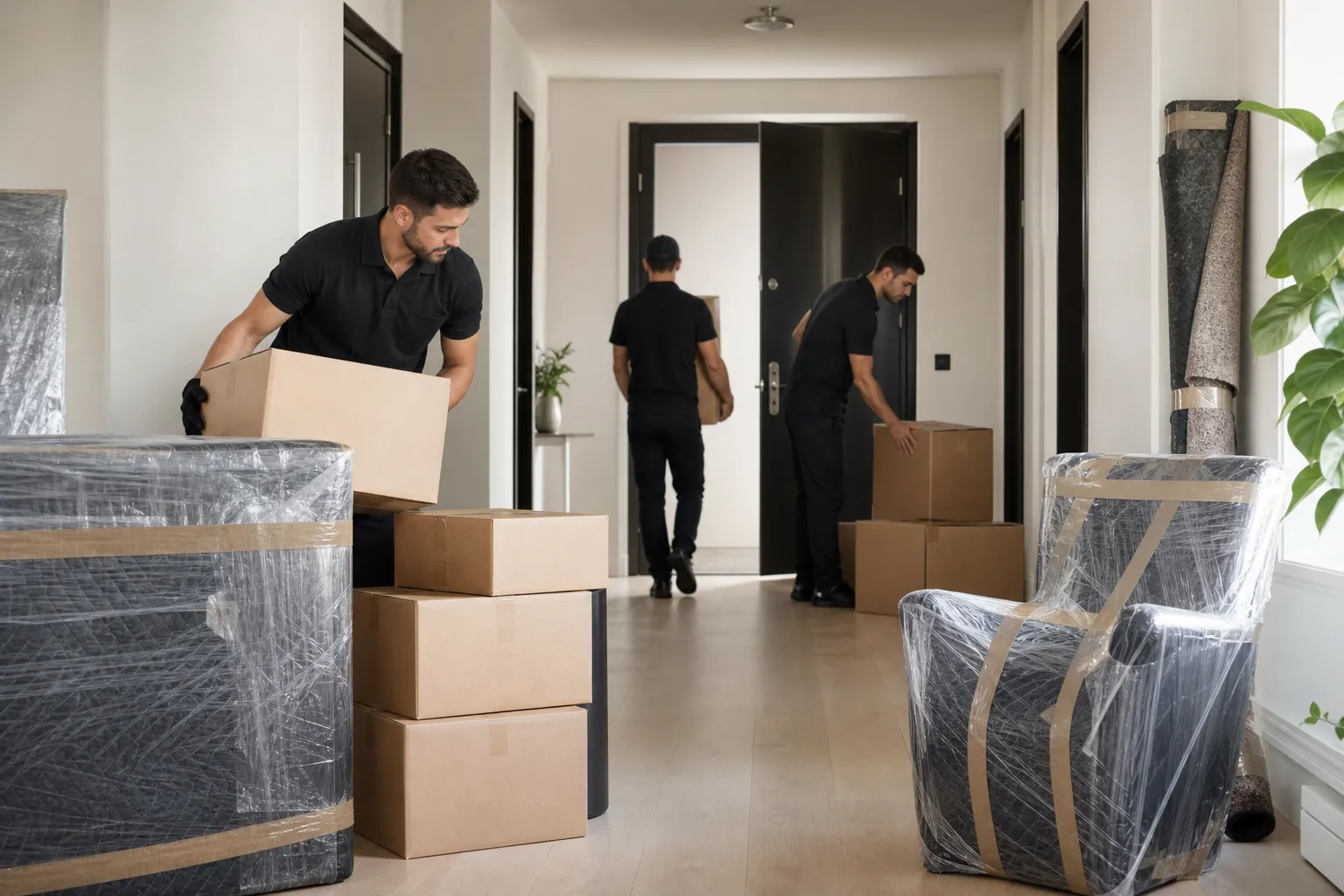 Movers loading labelled boxes and protected furniture in an apartment hallway