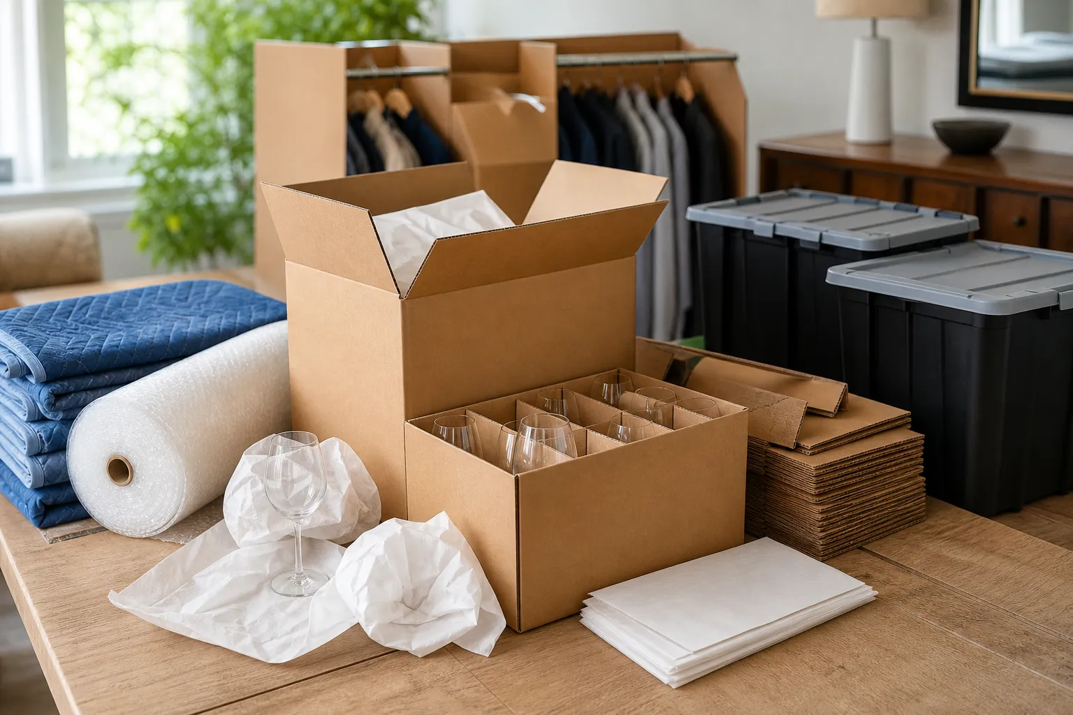 Packing materials and protected glassware arranged for a move
