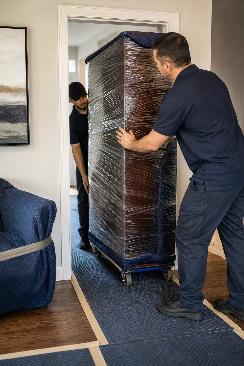 Wrapped furniture being guided through a narrow doorway with floor protection
