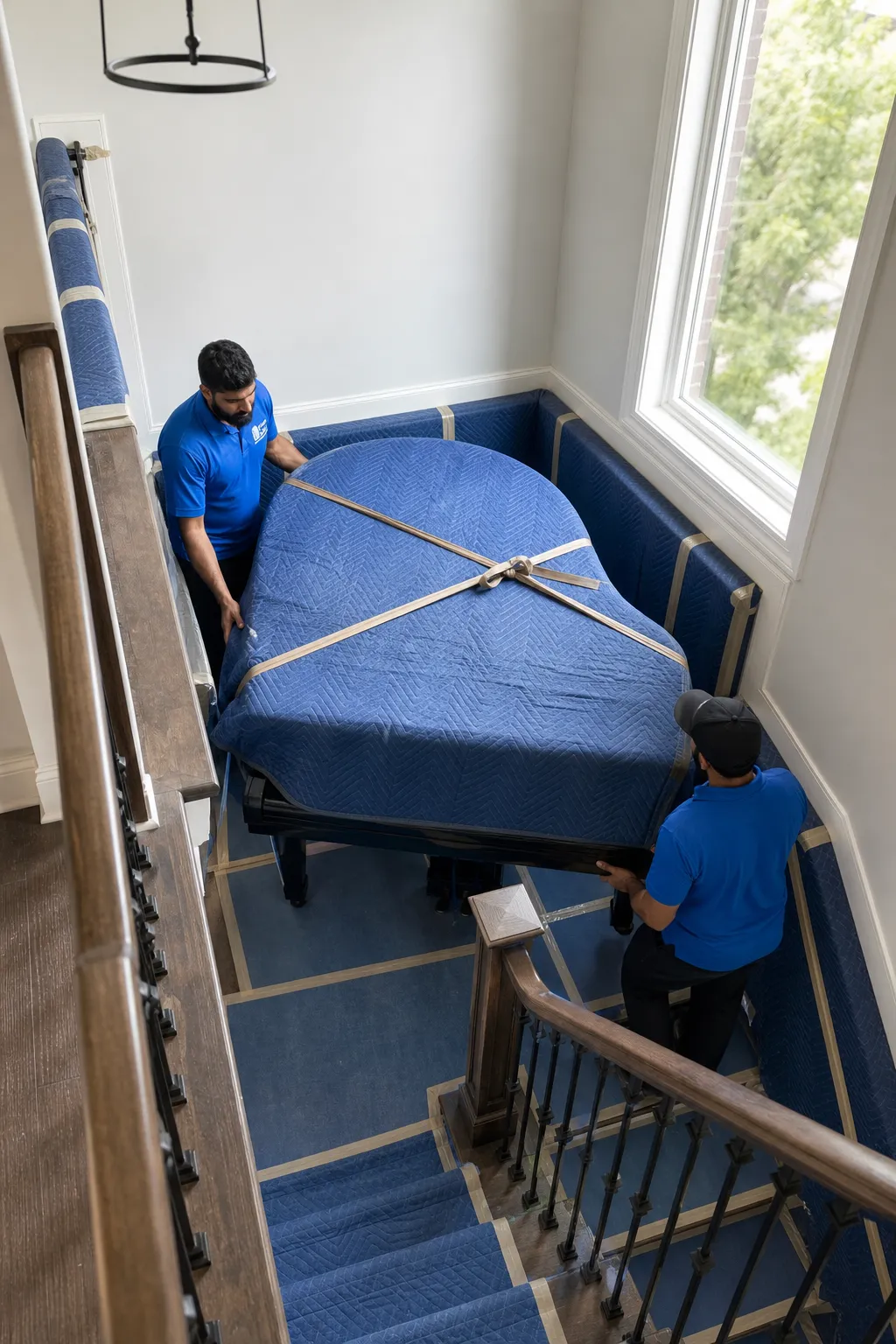Grand piano route through a narrow staircase with measured doorway and protected walls