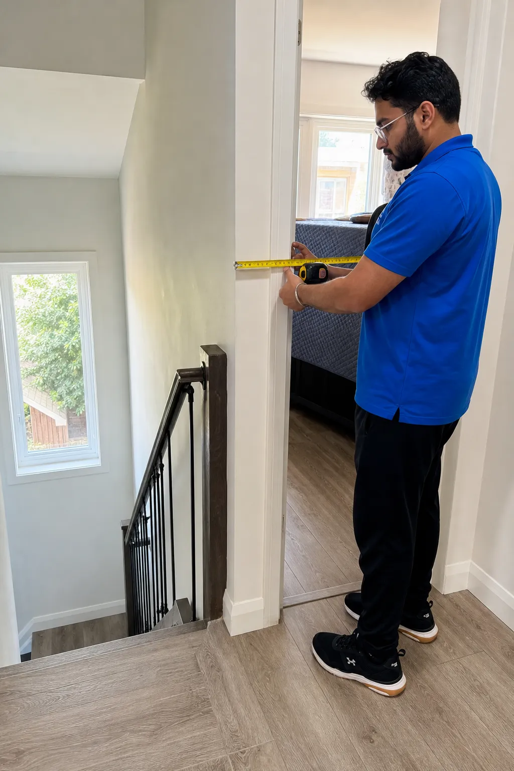Mover measuring a narrow hallway and stair landing before transporting furniture