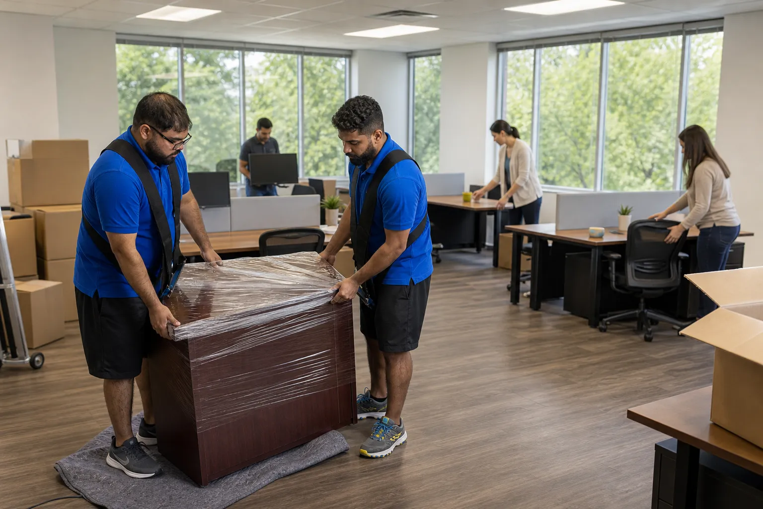Employees setting up essential workstations while movers place furniture in a new office