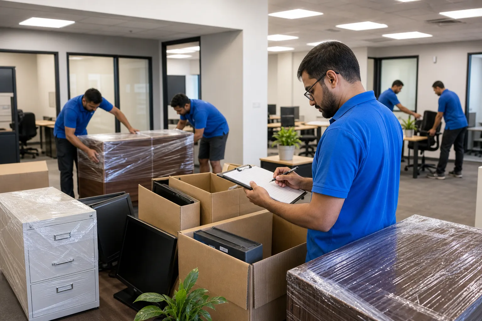 Office manager checking boxed equipment and furniture against a spreadsheet at a new workplace