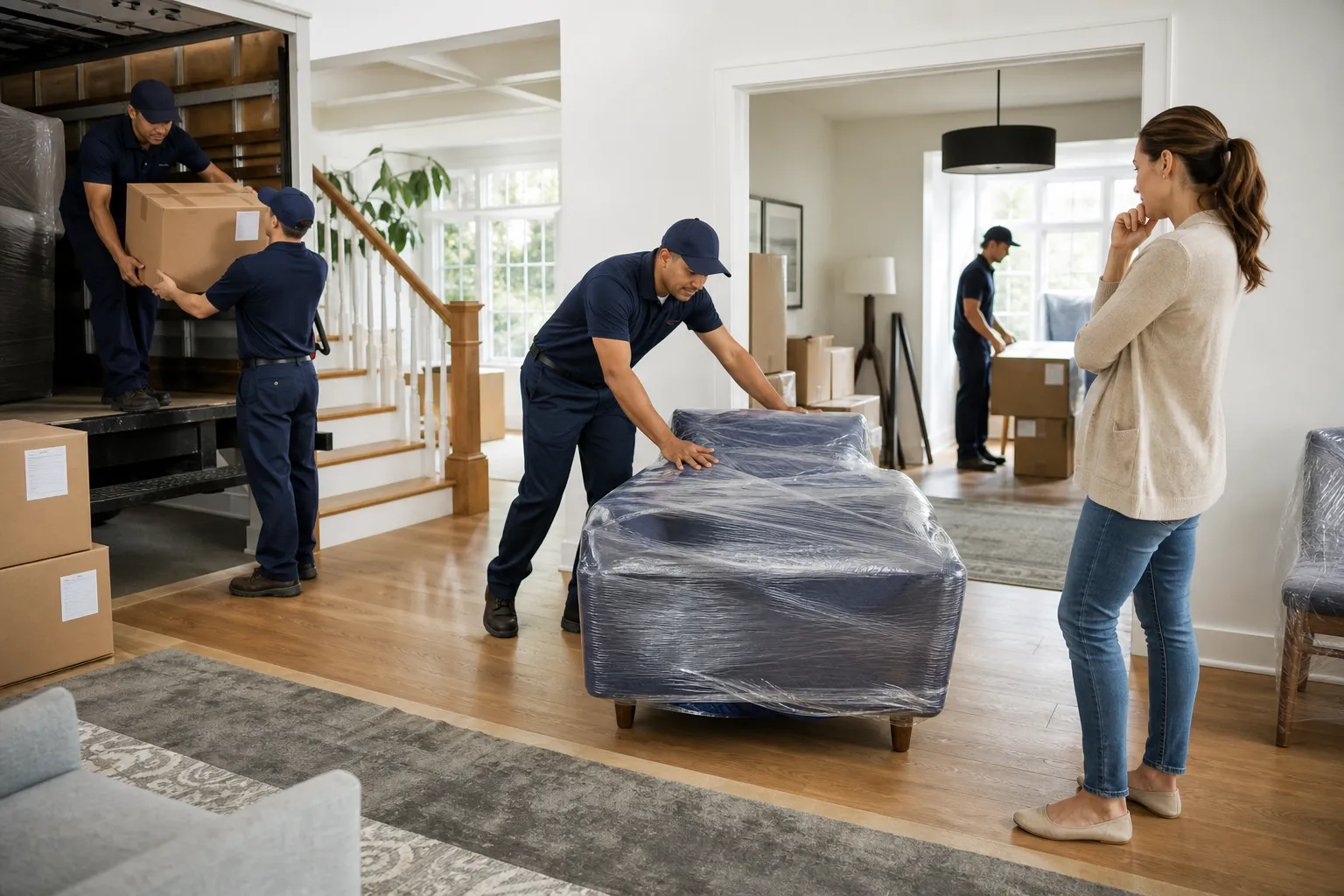 Movers place labelled boxes and wrapped furniture in a new home