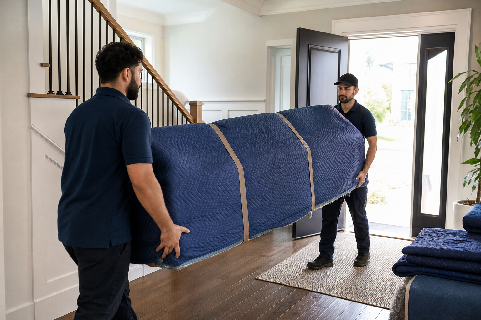 Moving crew carrying blanket-wrapped sofa up residential stairs