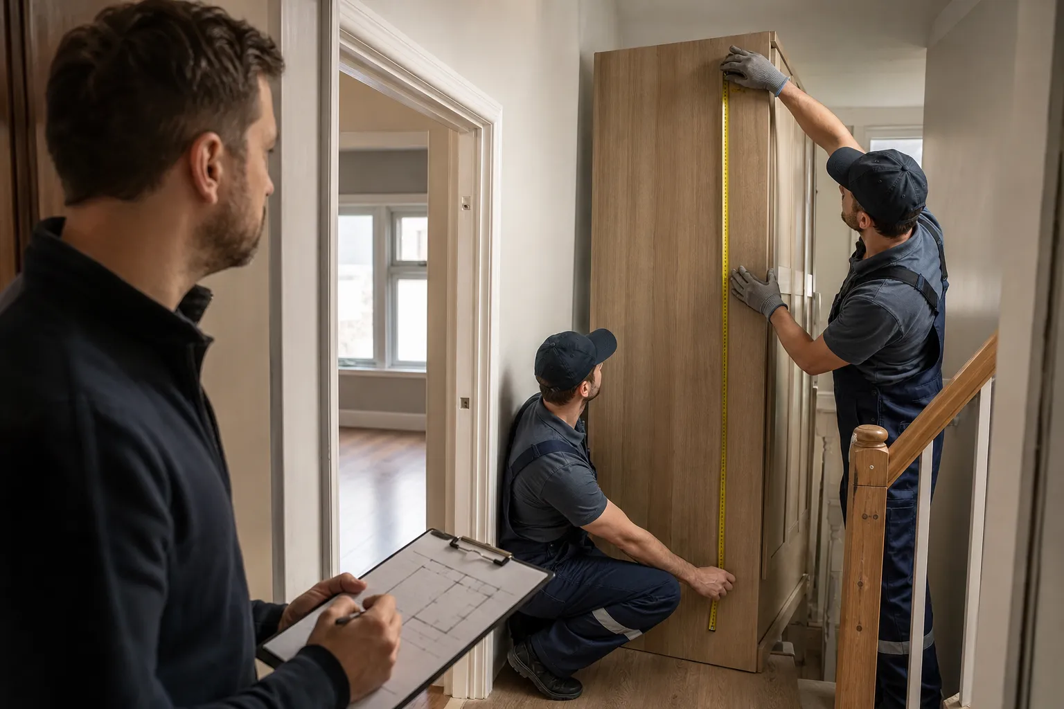 Movers measuring a wardrobe and narrow stairwell before choosing a moving method