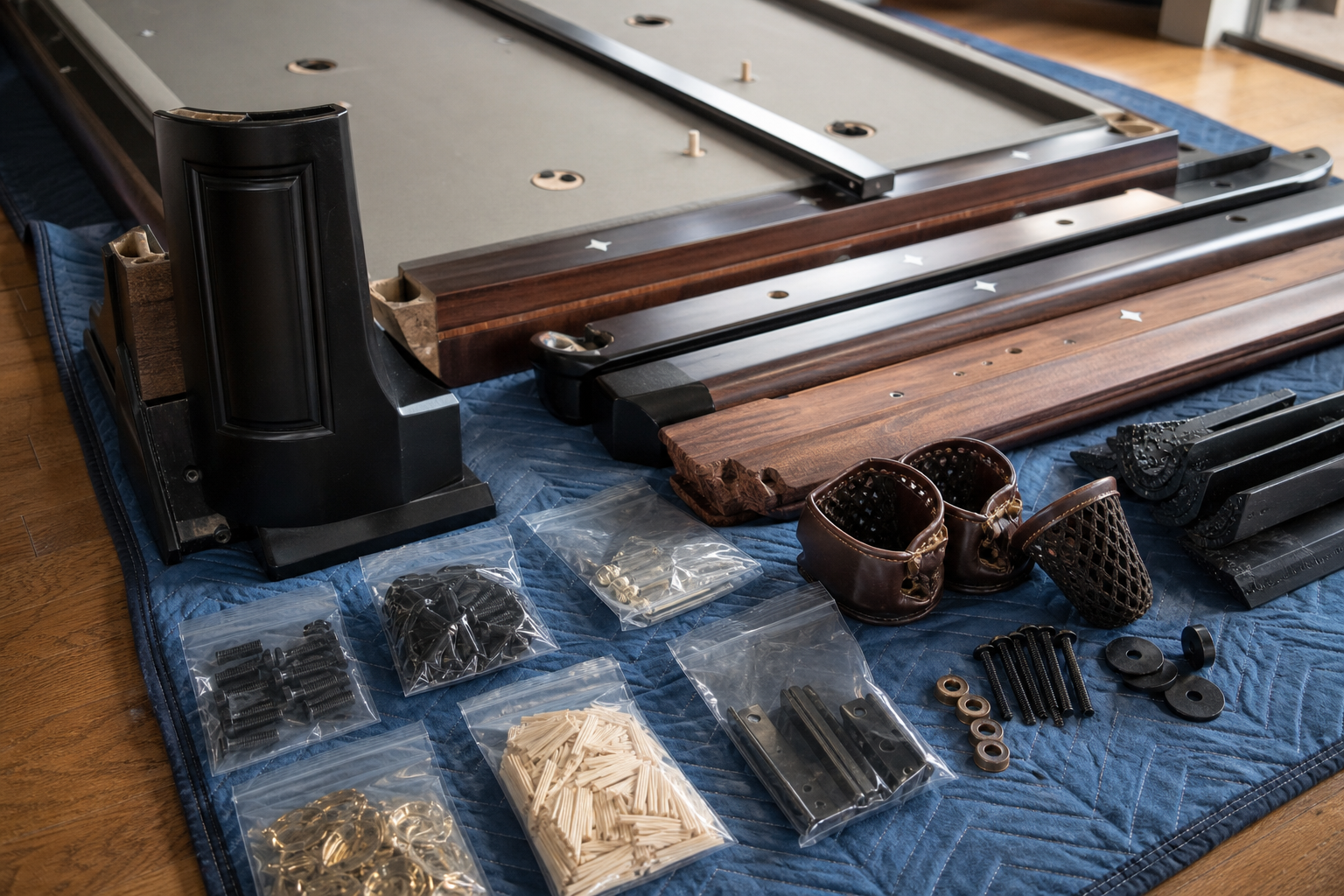 Labelled pool table hardware bags beside protected dismantled components