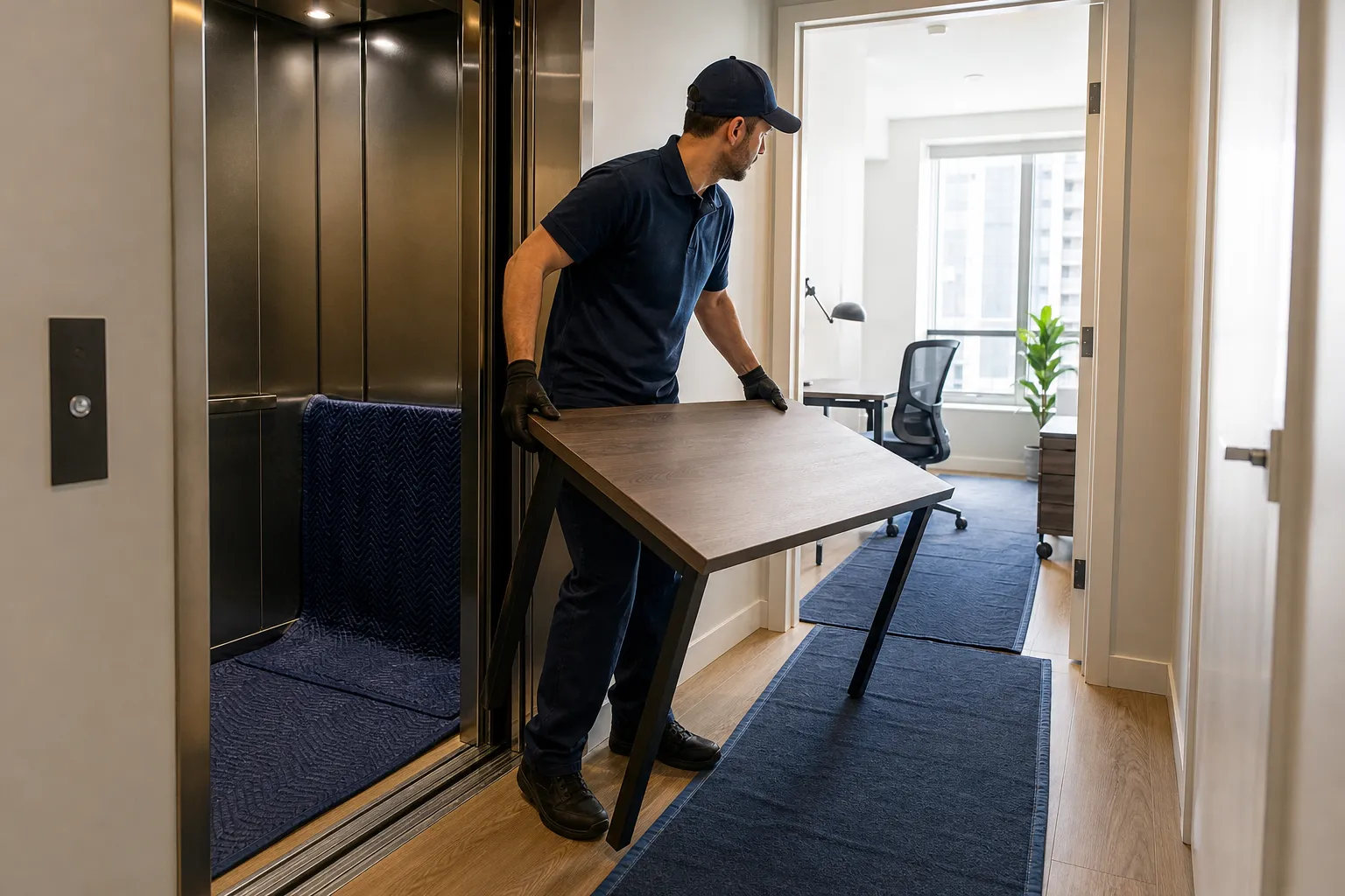 Mover checking apartment access before placing a desk along a protected hallway