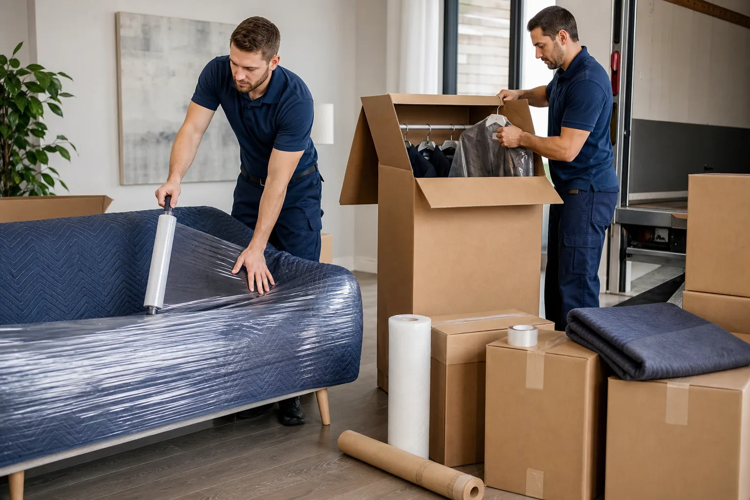 Movers wrapping a sofa with furniture pads and stretch wrap beside labelled cartons