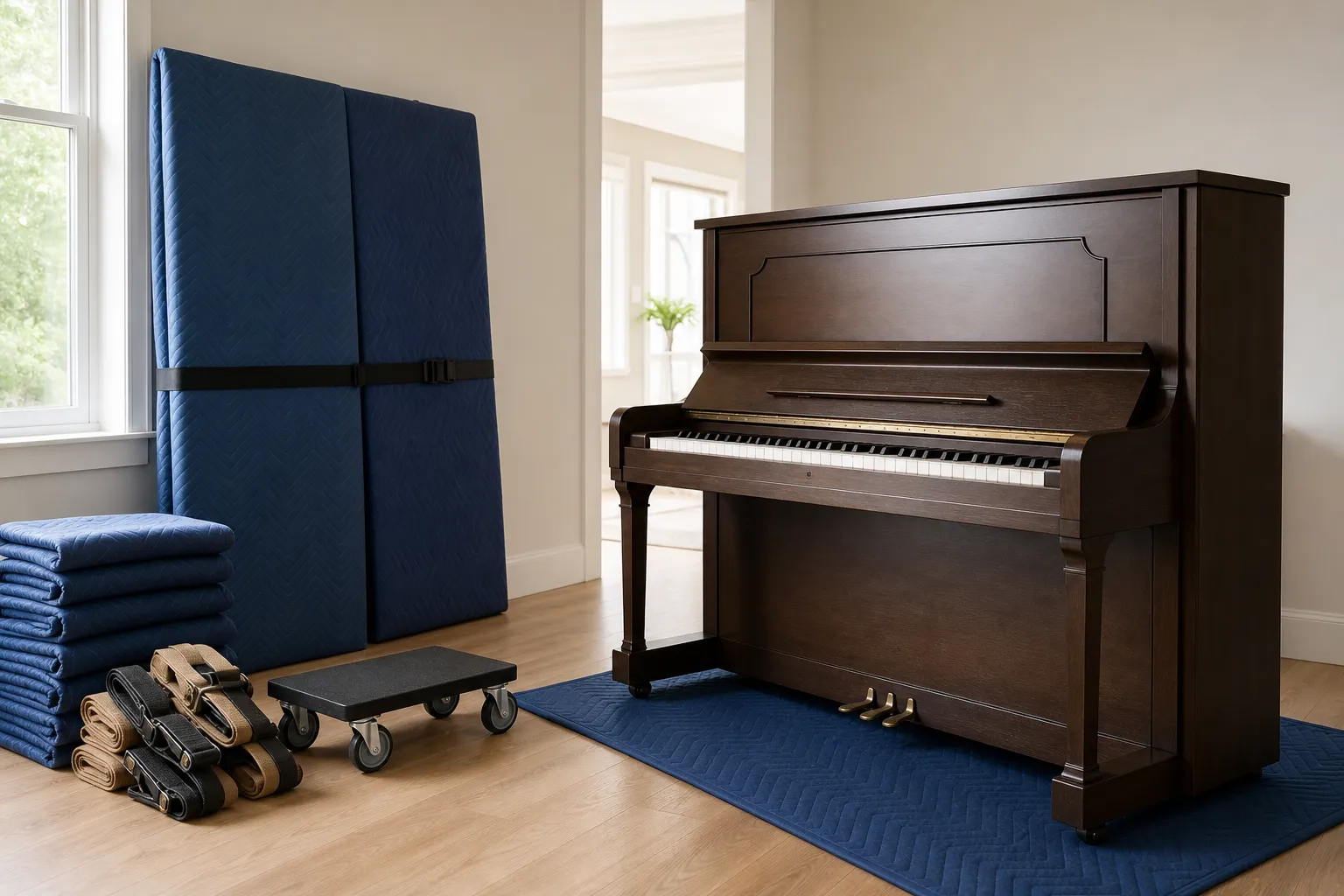 Piano moving equipment and protective padding arranged beside an upright piano