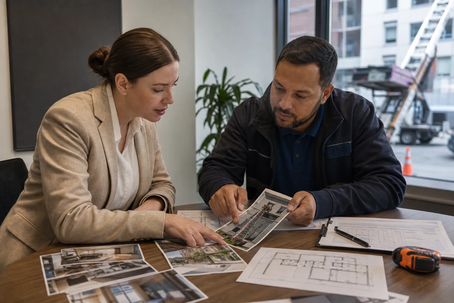 Property manager and mover reviewing access measurements and floor plans for oversized furniture