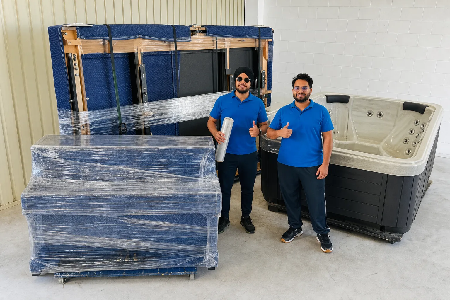 Wrapped piano, pool table components and hot tub prepared for careful transport