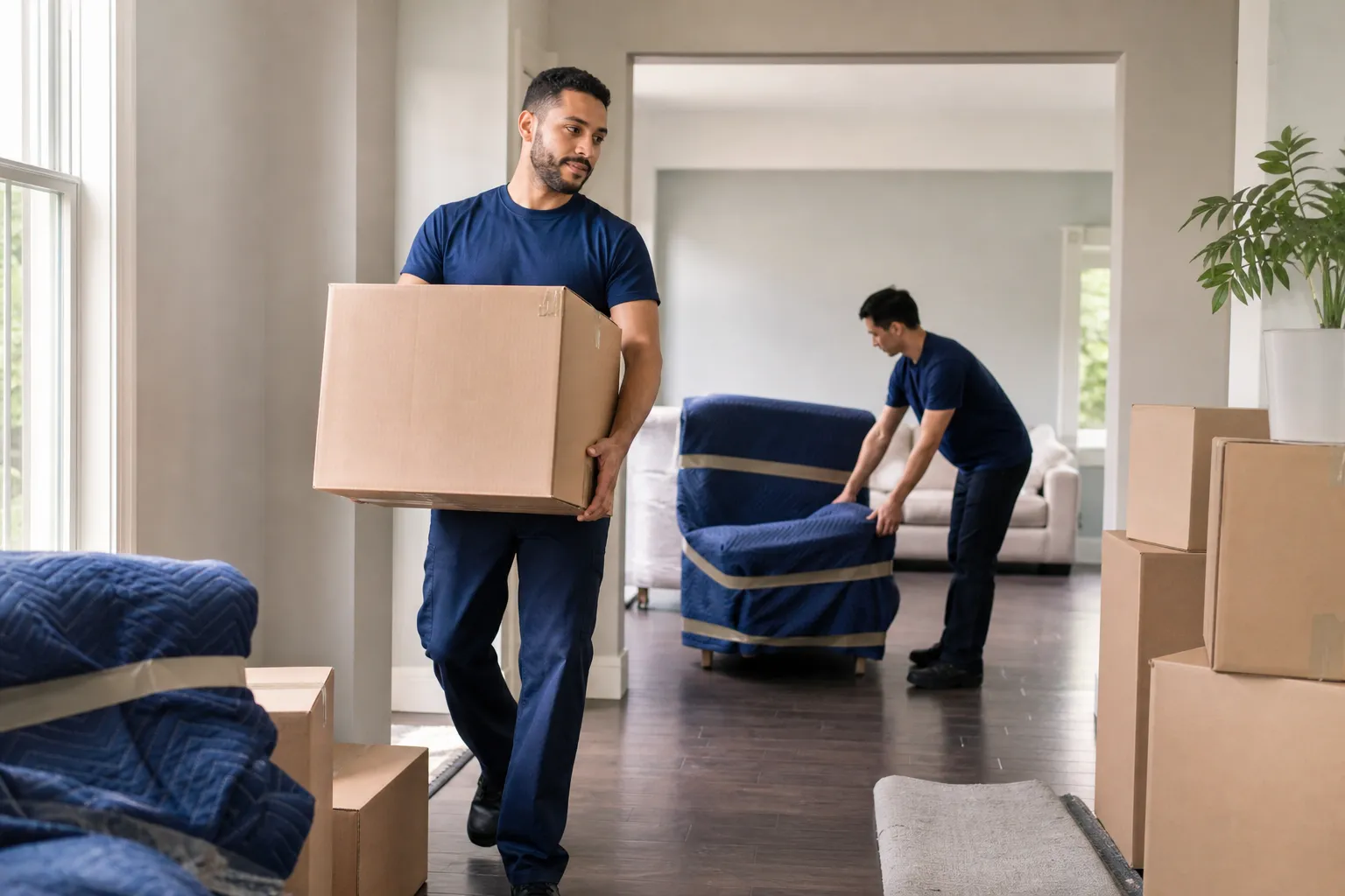 Movers placing labelled boxes into rooms during an organised home delivery