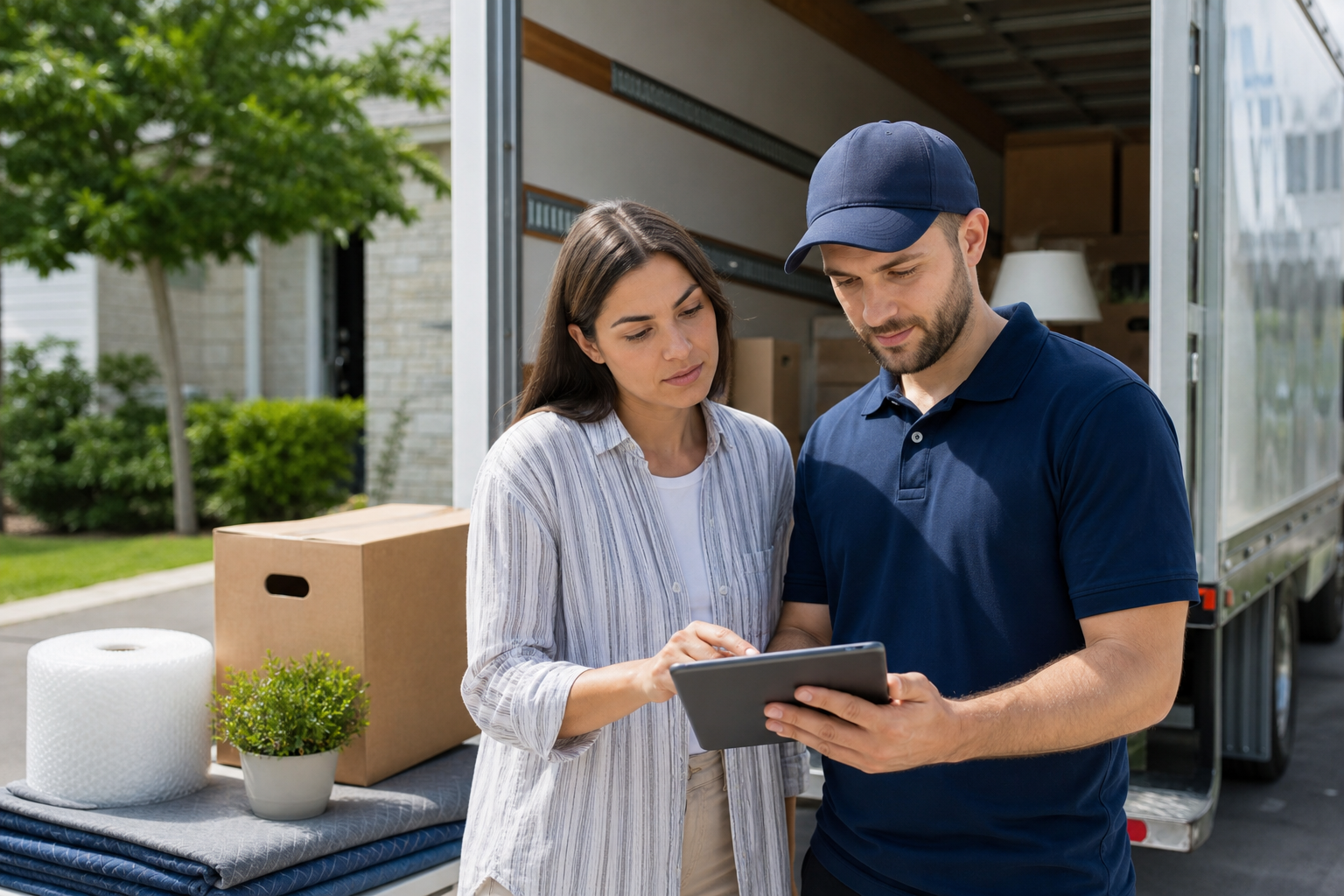 Customer reviewing moving quote with mover beside truck and packing supplies