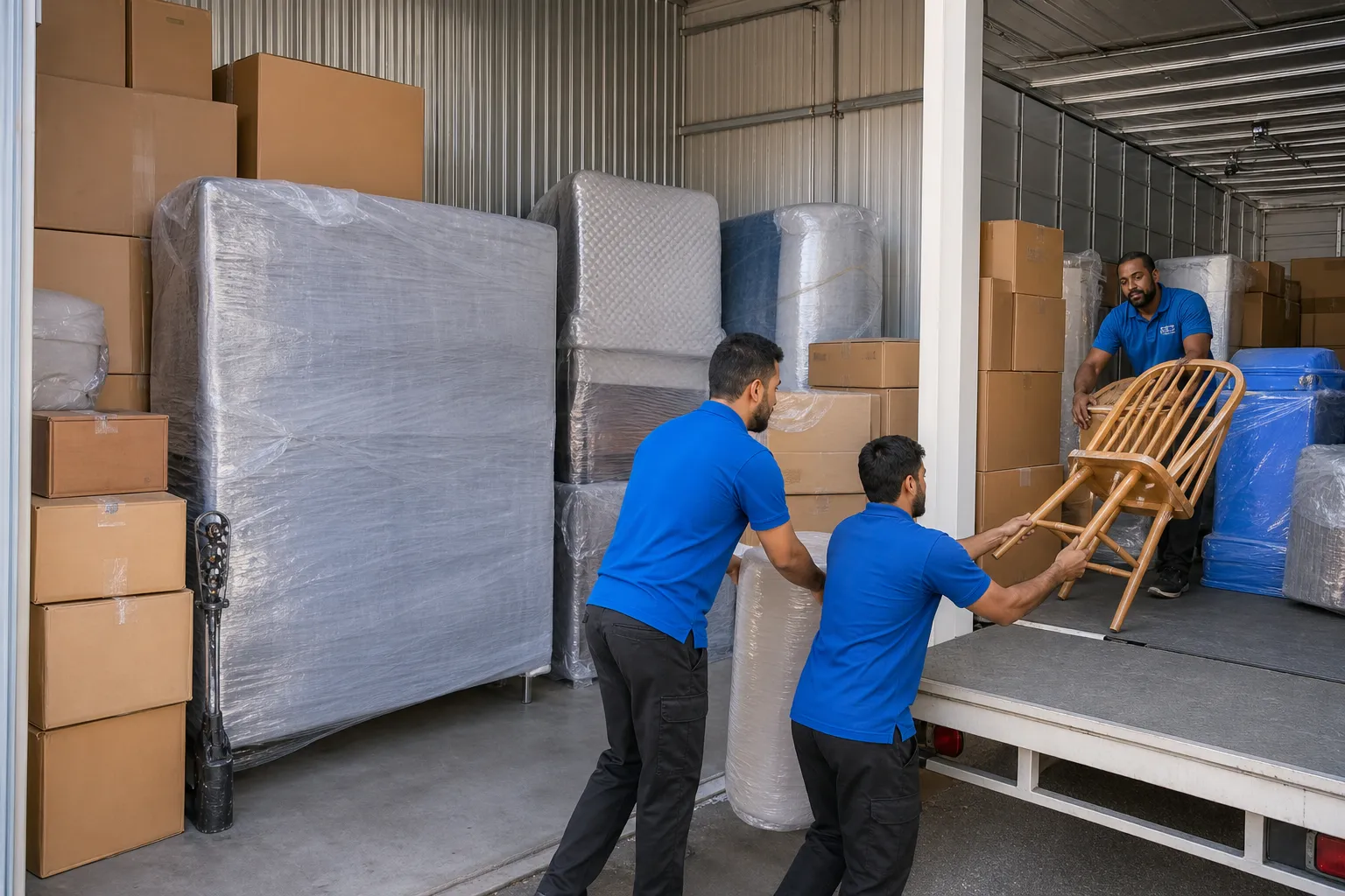 Wrapped furniture and boxes arranged inside a clean storage unit