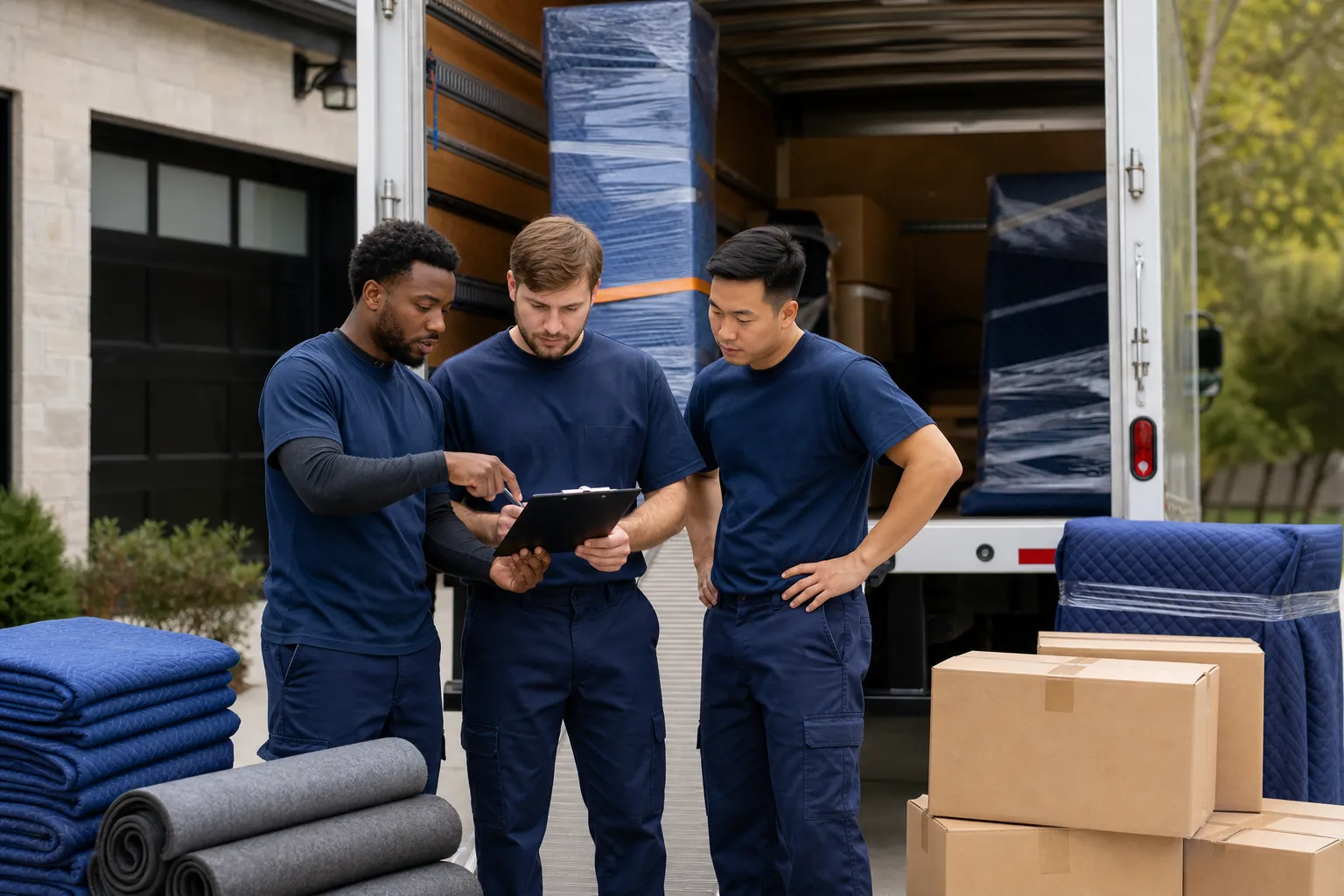 Moving team reviewing a safety checklist beside a loaded truck