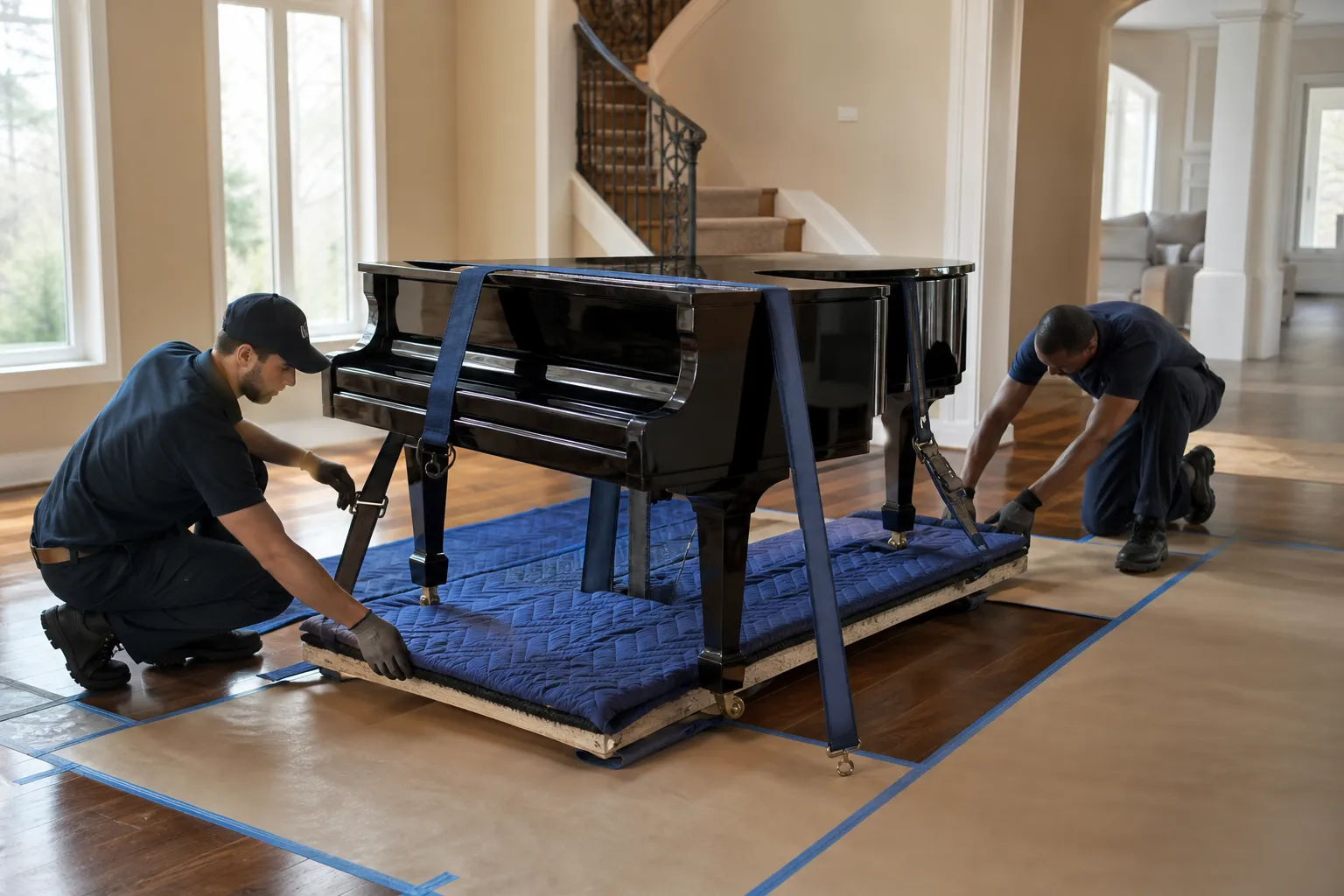 Movers checking straps on a grand piano secured to a padded skid board