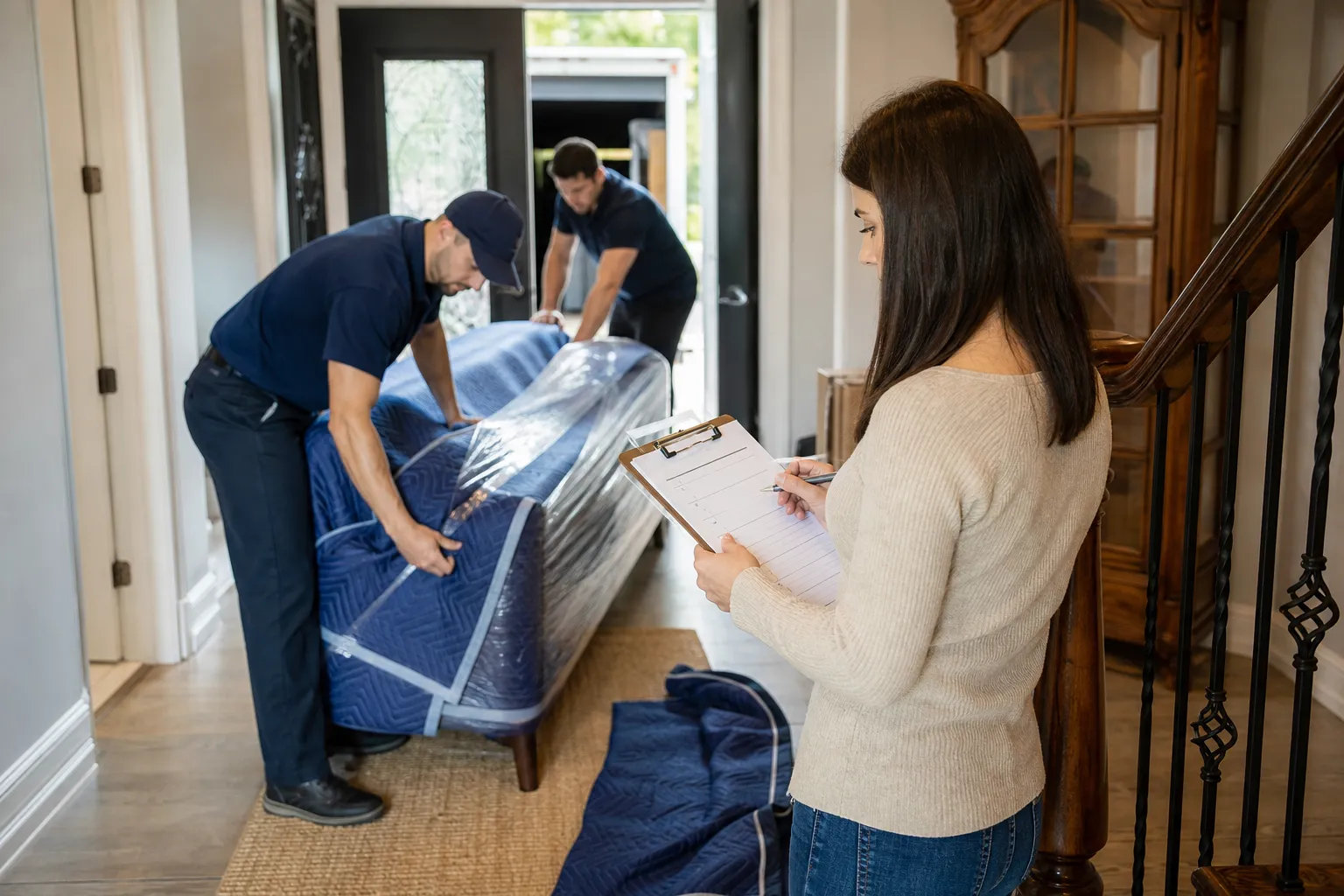 Movers wrapping a sofa while a customer checks an inventory list