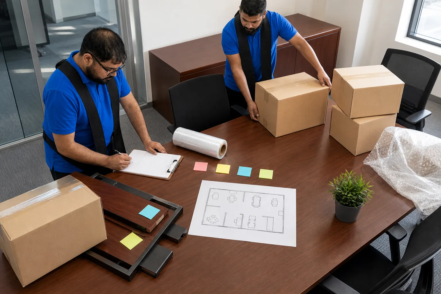 Office cartons and furniture labelled by department beside a destination floor plan