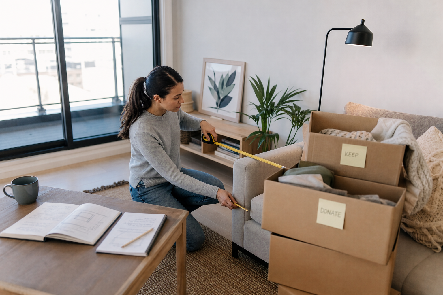 Homeowner measuring a condo living room beside labelled keep and donate boxes
