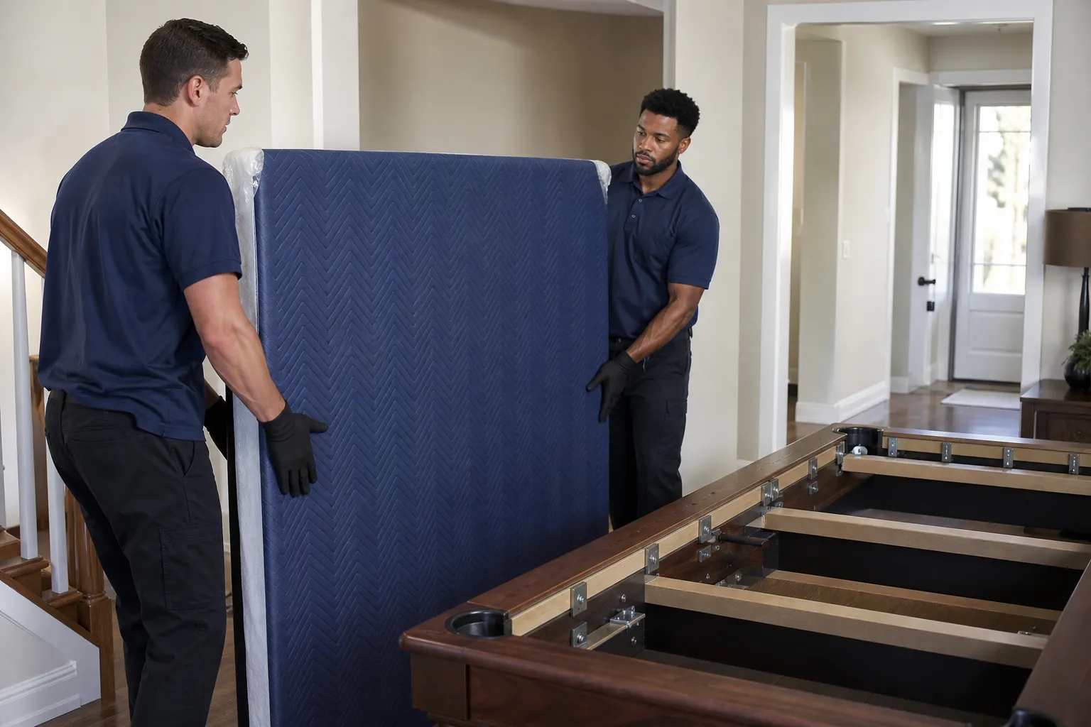 Movers positioning a padded slate section beside a pool table frame