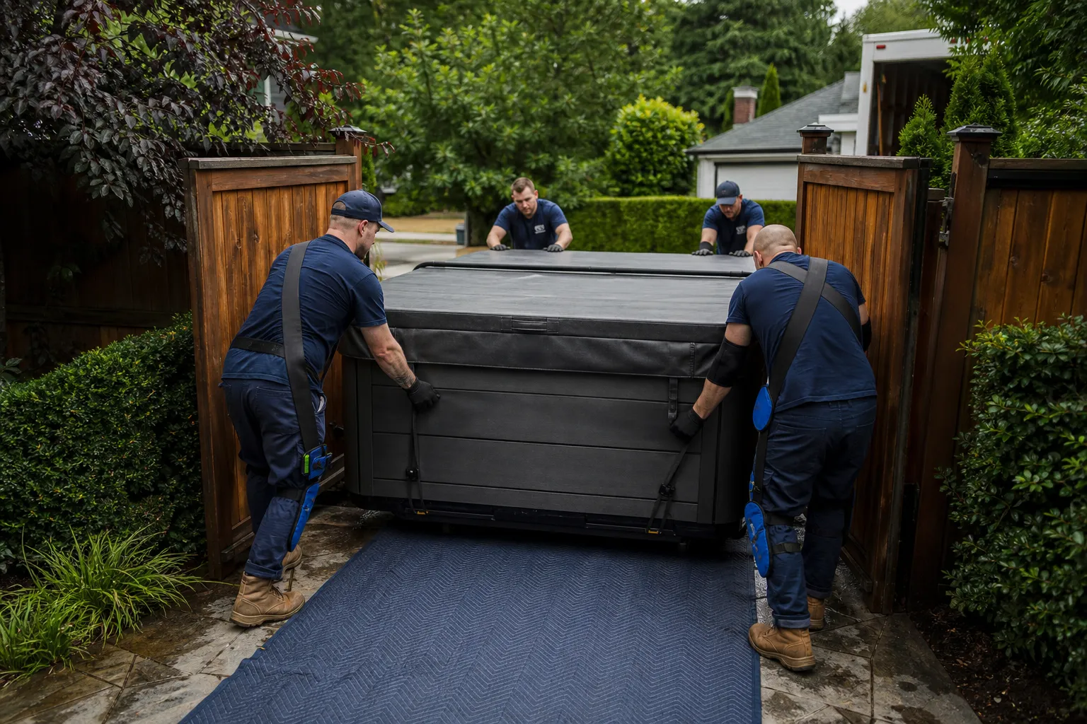 Movers guiding a covered hot tub through a protected gate during relocation