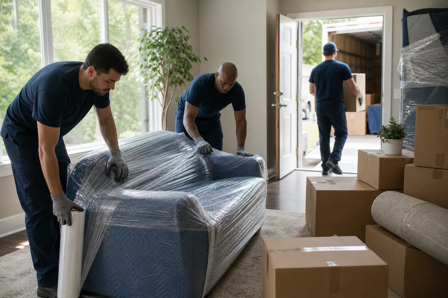 Movers wrapping furniture and organizing labelled boxes during a residential relocation