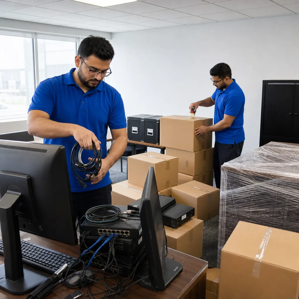 IT specialist preparing labelled computers beside sealed office moving cartons