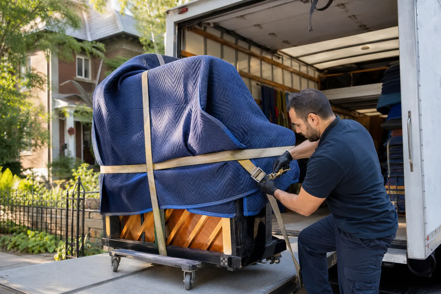 Mover securing a wrapped piano with straps on a loading ramp