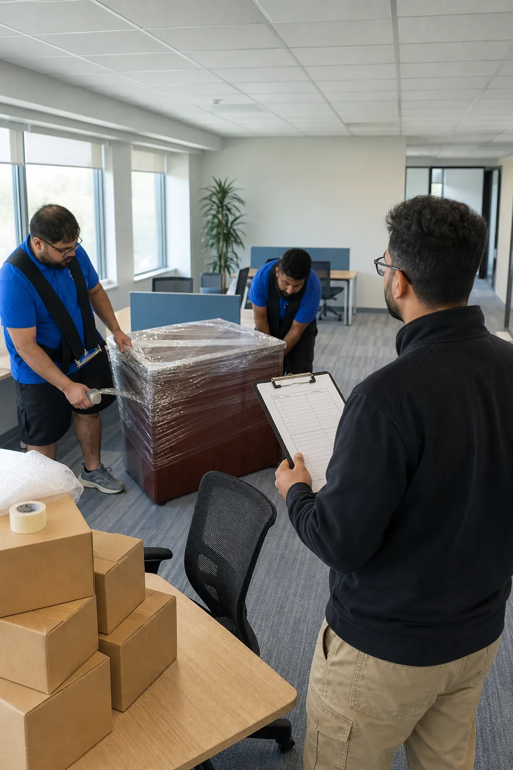 Office manager reviewing an inventory checklist beside labelled workstations and moving boxes