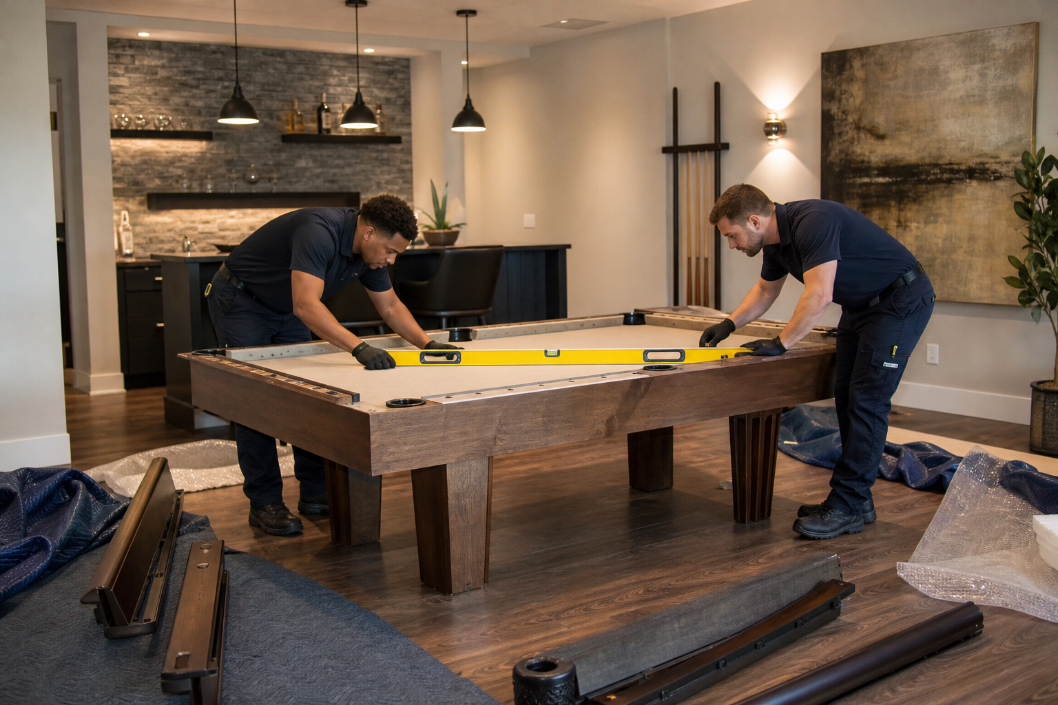 Movers levelling a reassembled pool table in a recreation room