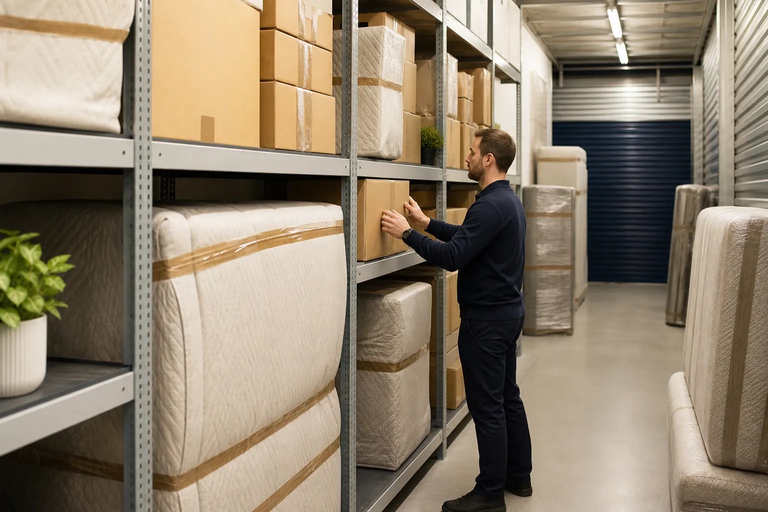 Padded furniture and labelled boxes arranged in a storage facility